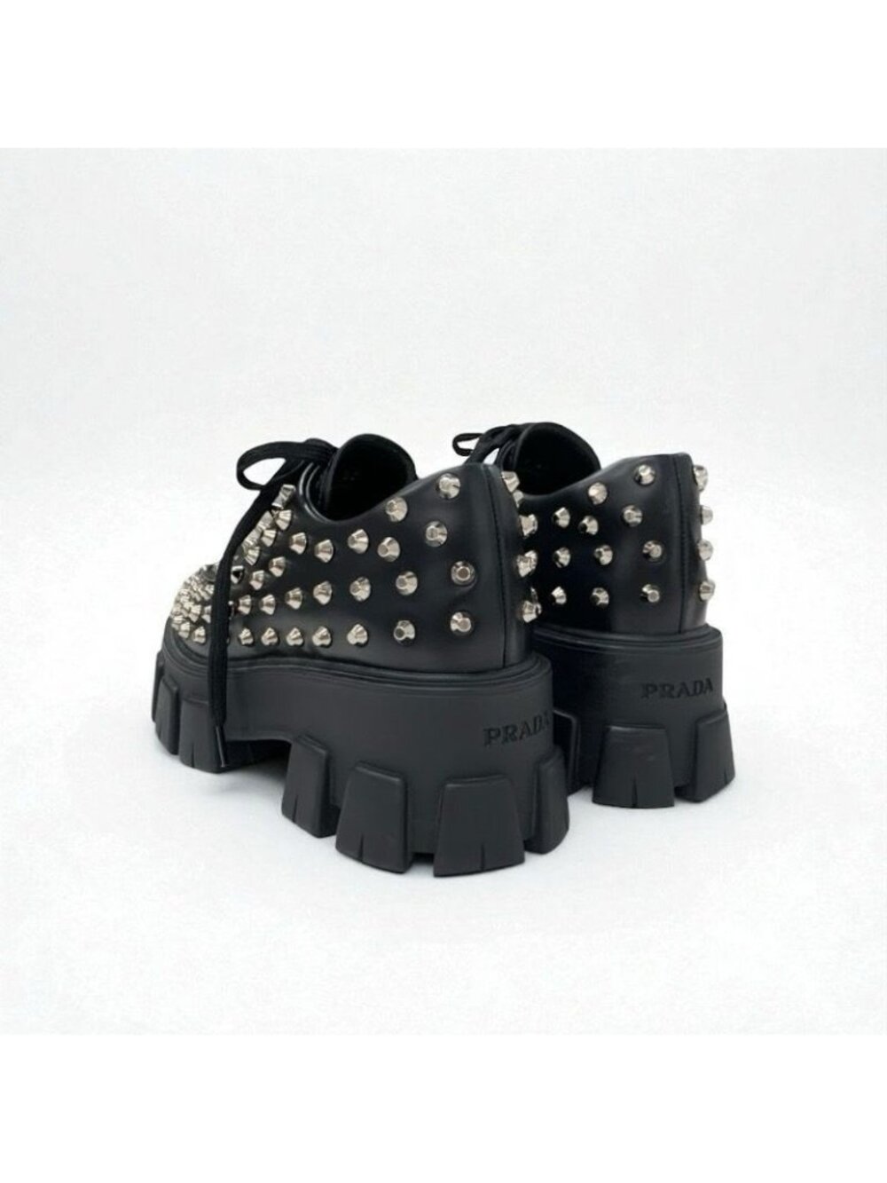 Prada Monolith Loafers Leather Shoes Black Silver Studded Lace Up - Picture 5 of 11